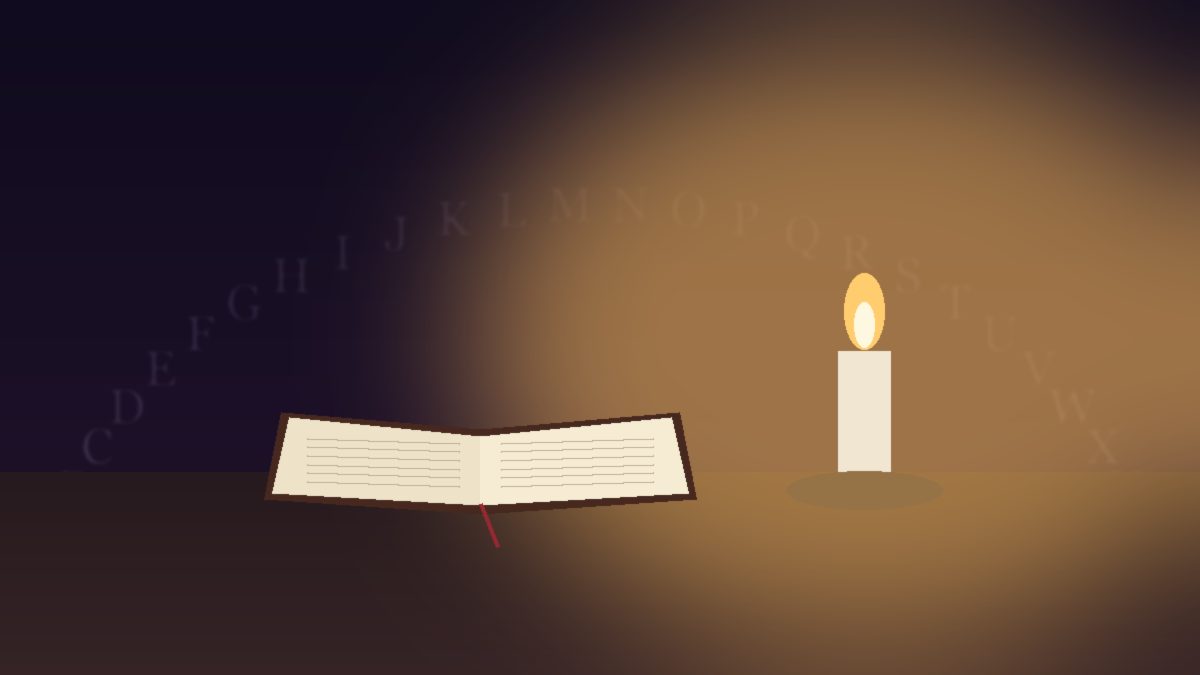 Illustration of an open Bible lit by a candle on a dark table, with faint alphabet letters fading into the shadows behind it