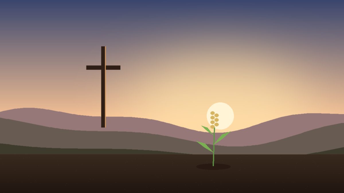 Illustration of a young wheat sprout growing from dark soil in front of a simple wooden cross on a hillside at sunrise