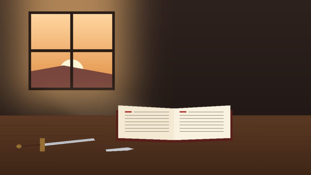 Illustration of an open book of psalms on a wooden table at dawn, with a broken sword laid down beside it and warm light breaking through a window