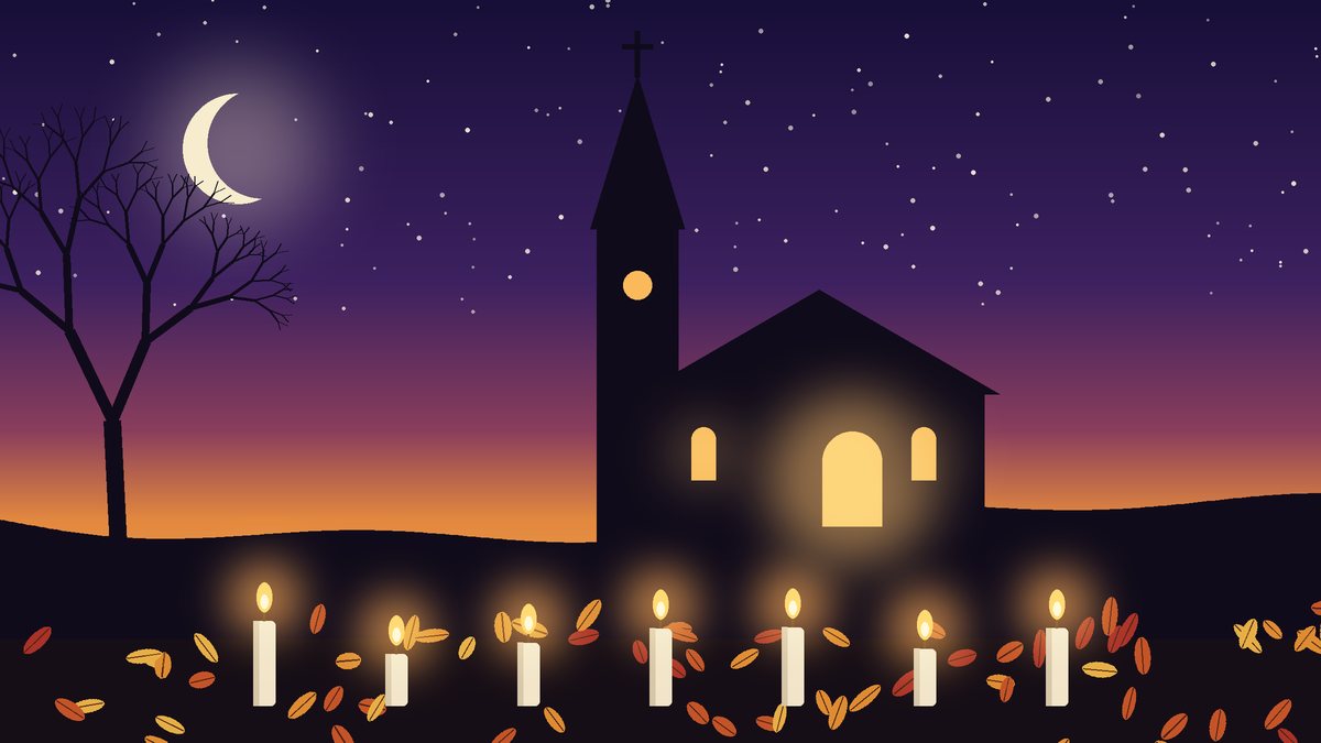 Illustration of a stone church at dusk with lit windows, a crescent moon, and a row of candles among autumn leaves