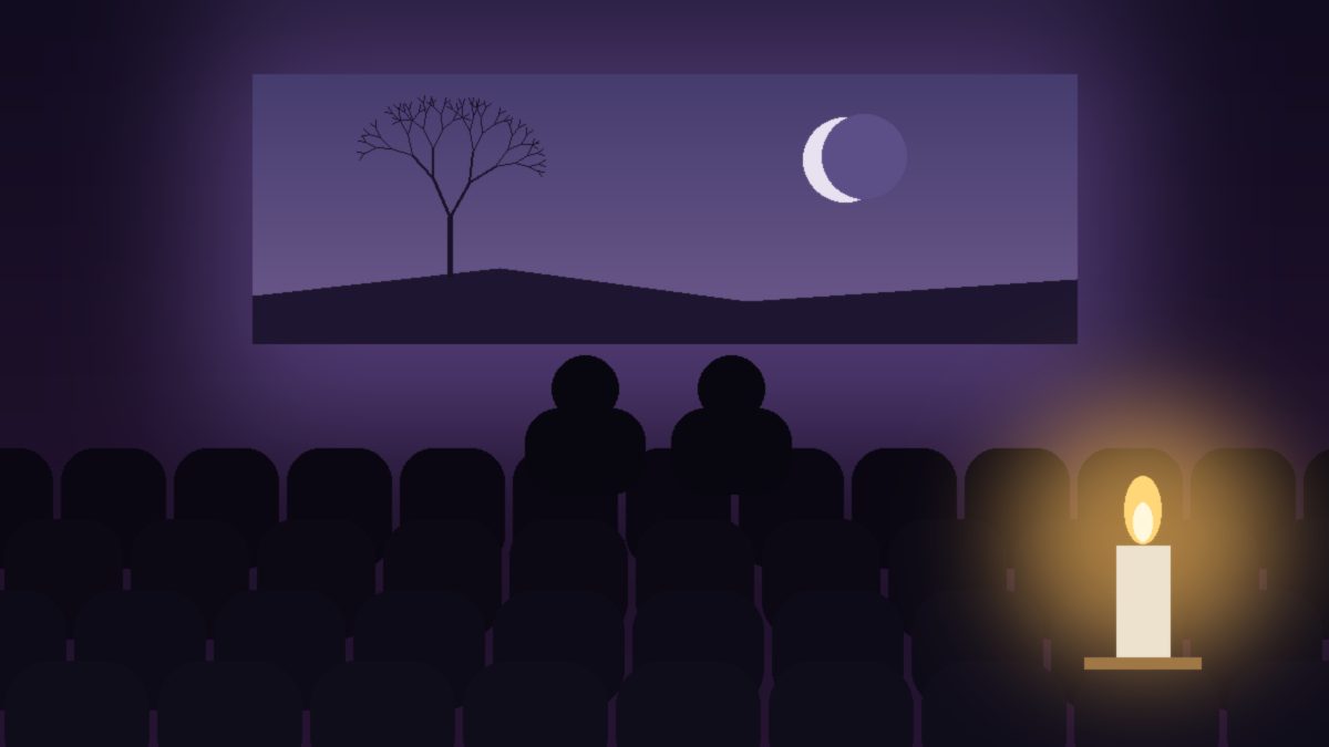 Illustration of a dark cinema with two viewers watching a moonlit night scene on the screen while a single candle glows in the foreground